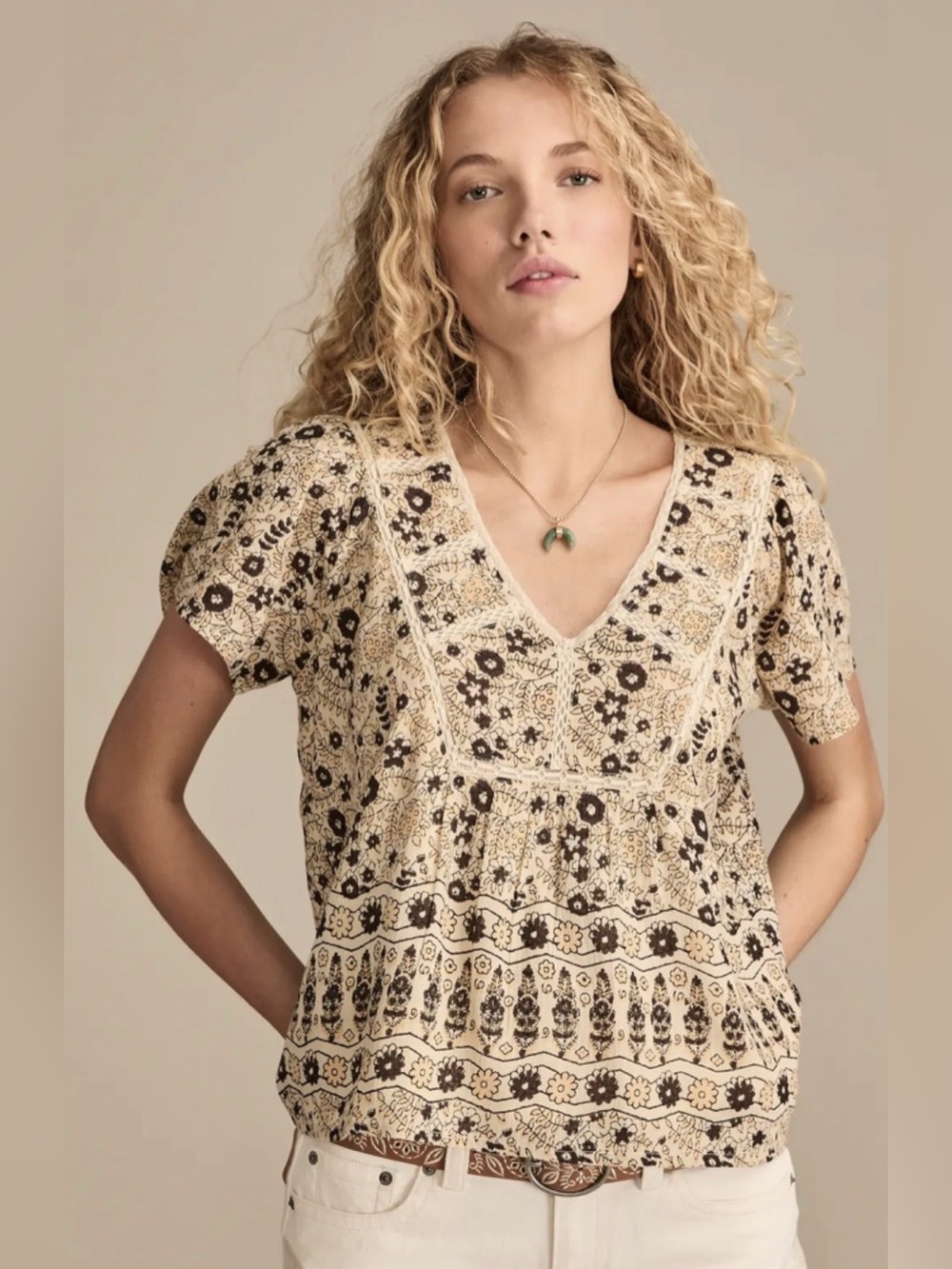 Lucky Brand Beige and Black Floral Embroidered V-Neck Top - size medium